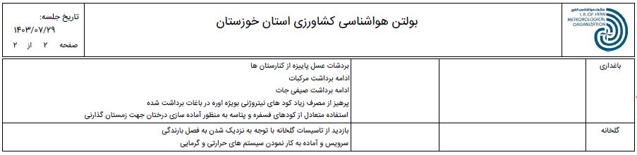 بولتن هواشناسی کشاورزی شمال خوزستان از 29 مهرماه تا 2 آبان ماه 1403-صفحه 2